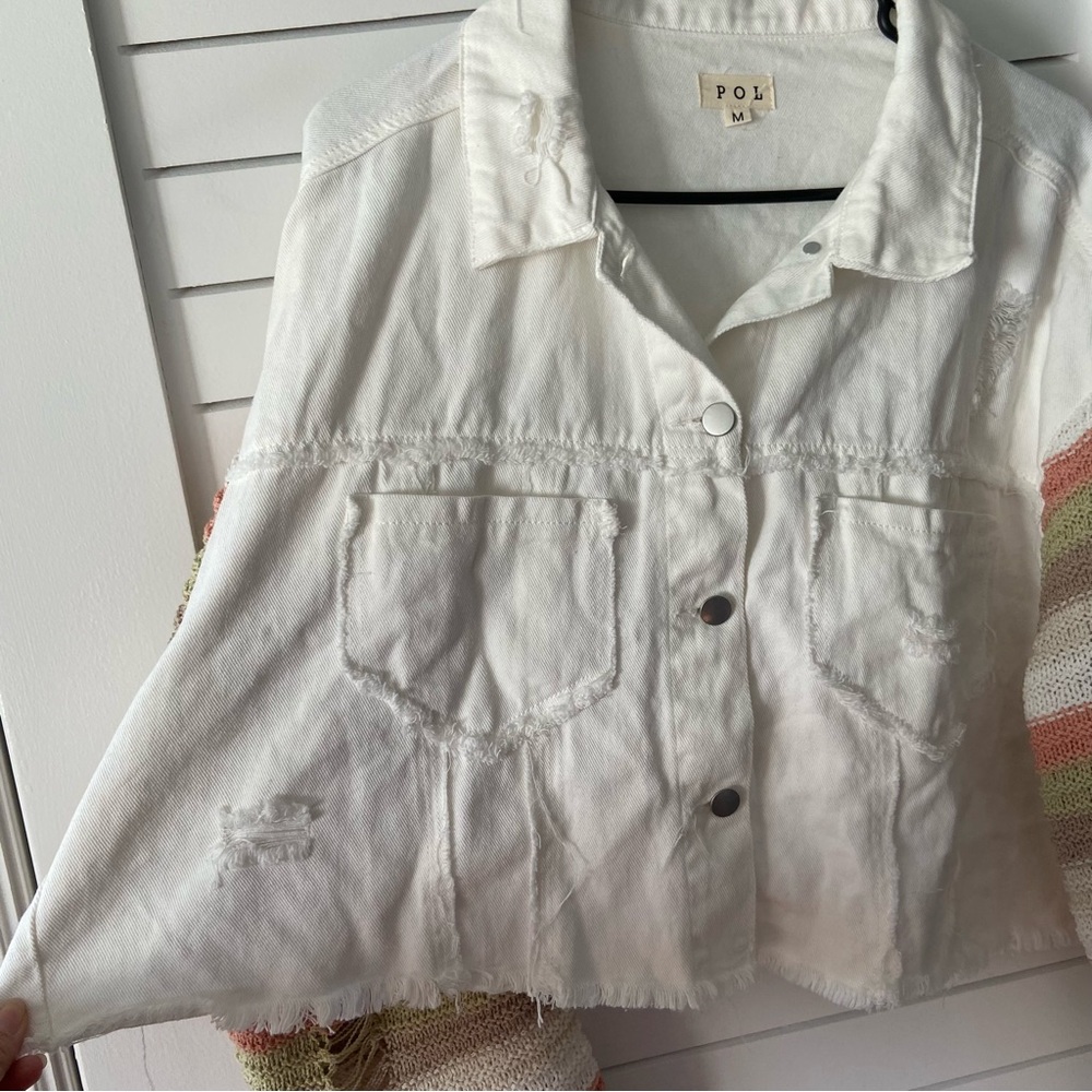 POL Distressed Jean Jacket White with Crochet Sleeves Pink Green Size Medium - Picture 6 of 12